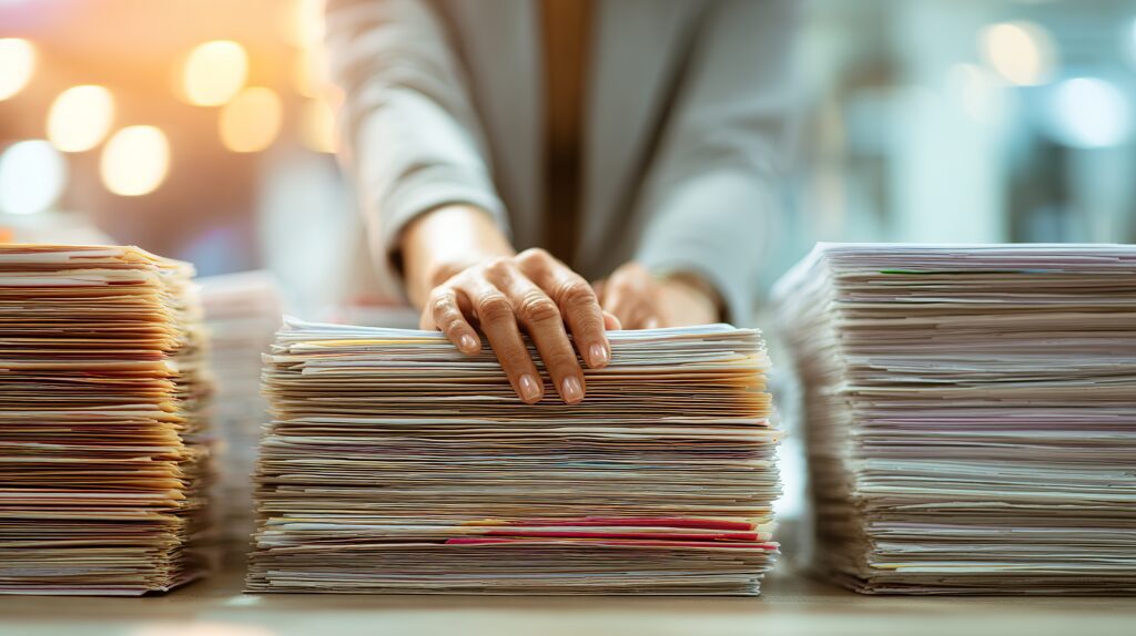 A person organizing stacks of paperwork on a table in a blurred office background